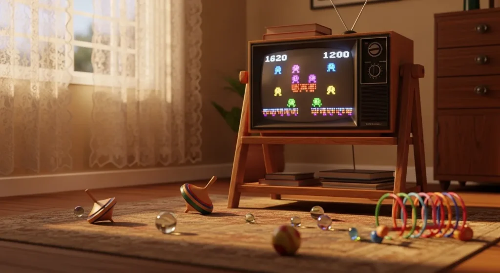Sala de estar retrô dos anos 90 com TV de tubo ligada em videogame, tapete com brinquedos antigos como bolinhas de gude e mola maluca, iluminada por luz solar suave.