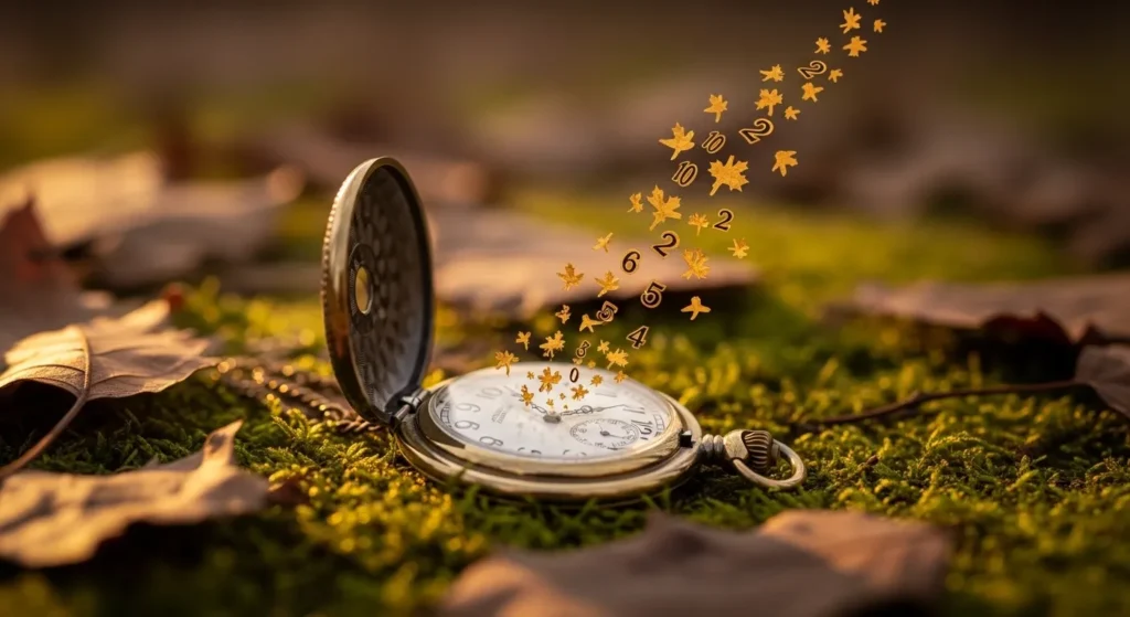 Close-up artístico de um relógio de bolso antigo dourado sobre folhas secas, com os números do mostrador flutuando no ar como se fossem pássaros.