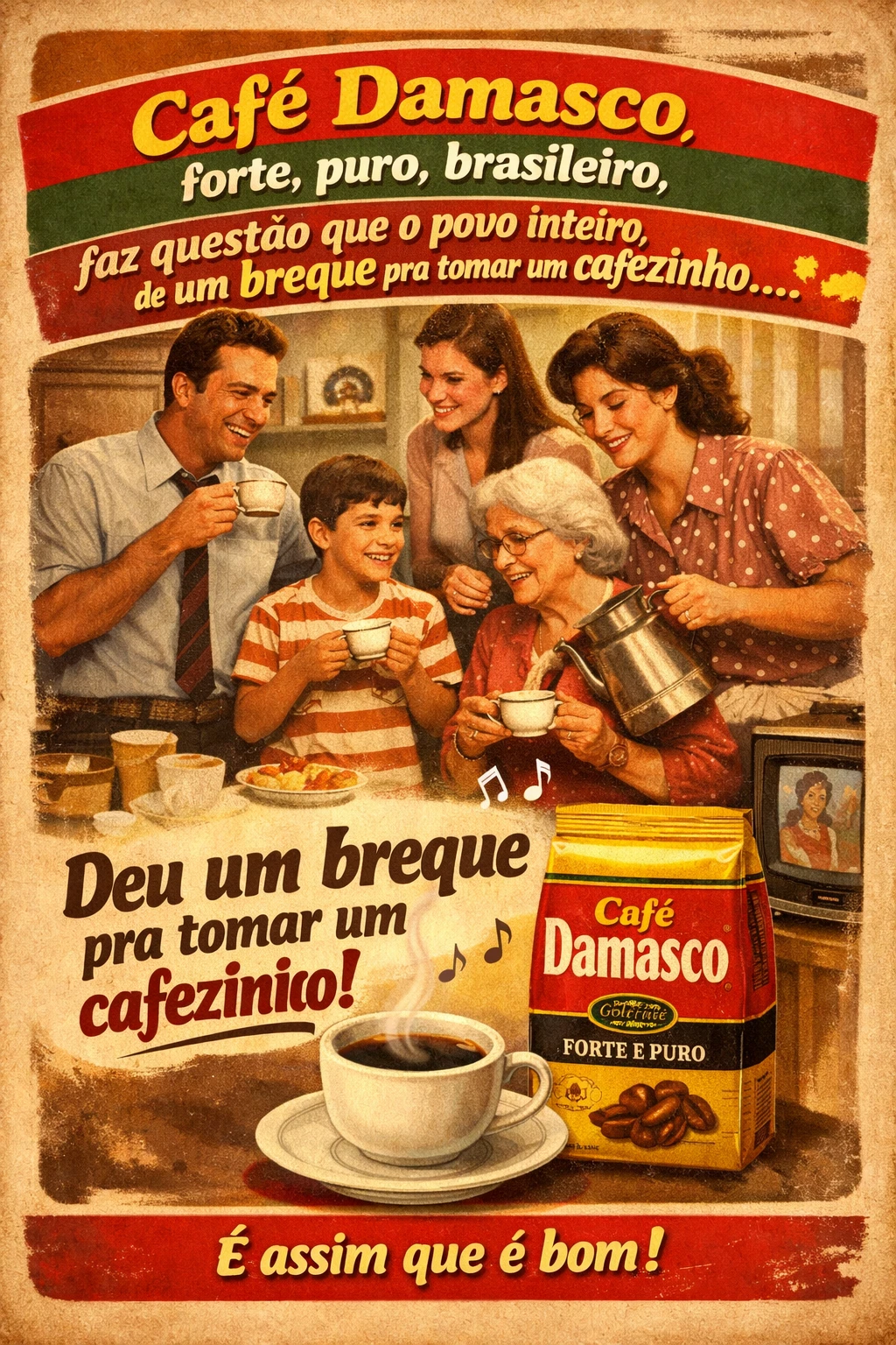 Café Damasco forte, puro, brasileiro, faz questão que o povo inteiro de um breque pra tomar um cafézinho… propaganda que marcou época